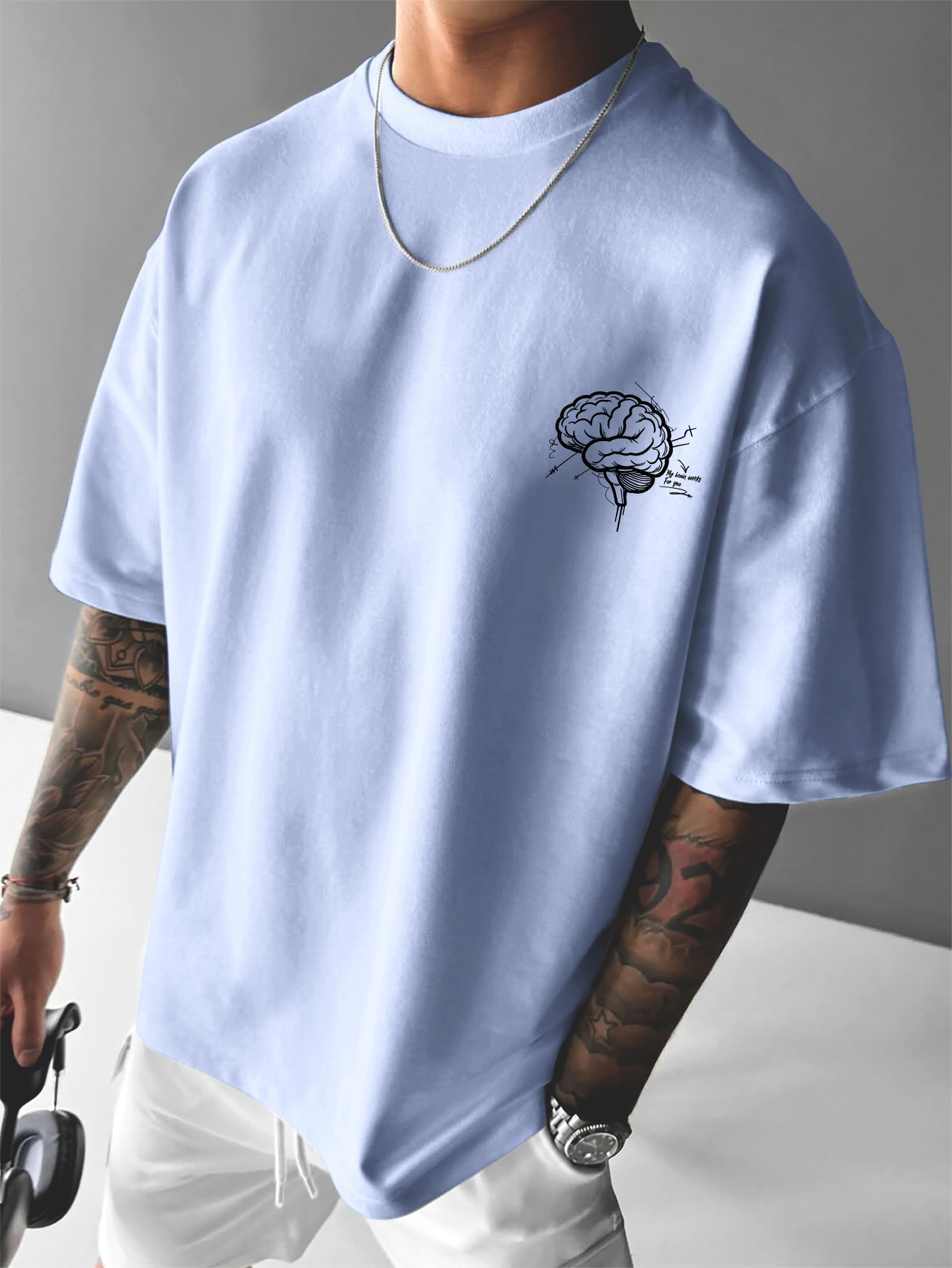 American Style Men'S Casual Round Neck T-Shirt with Thought-Provoking Slogan And Brain Print for Casual Gatherings And Trendy Outfits