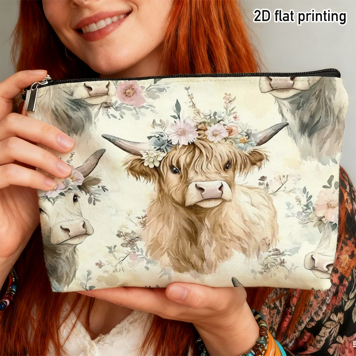 TEMU 2d Flat 1pc Watercolor Highland Cows With Floral Crowns Makeup Bag, Adorable Cows And Pink Flowers, For Storing Daily Cosmetics, Traveling With