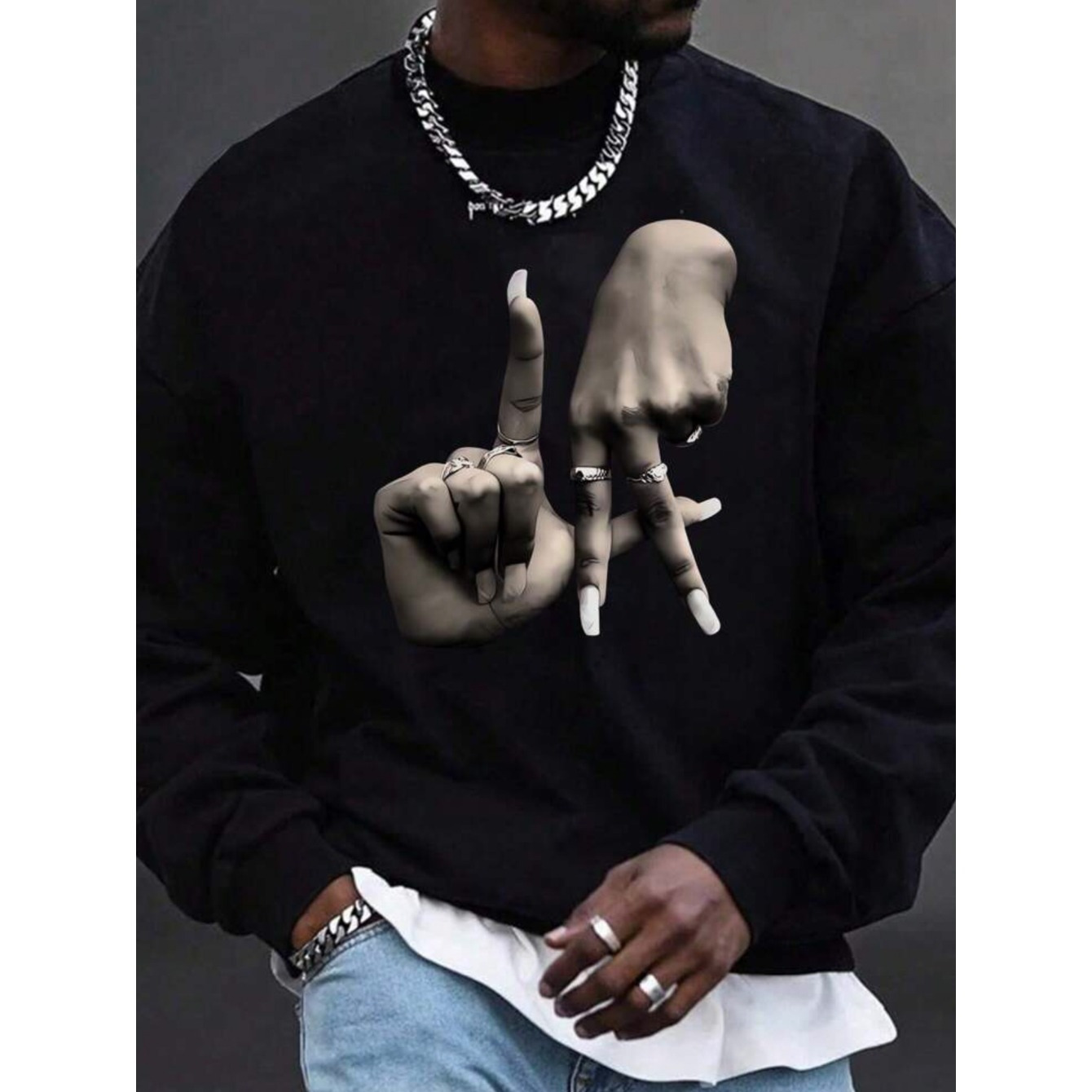 

Finger Ring Print, Men's Long Sleeve Comfy Sweatshirt, Casual Top For Spring Autumn, Men's Clothing Outdoor