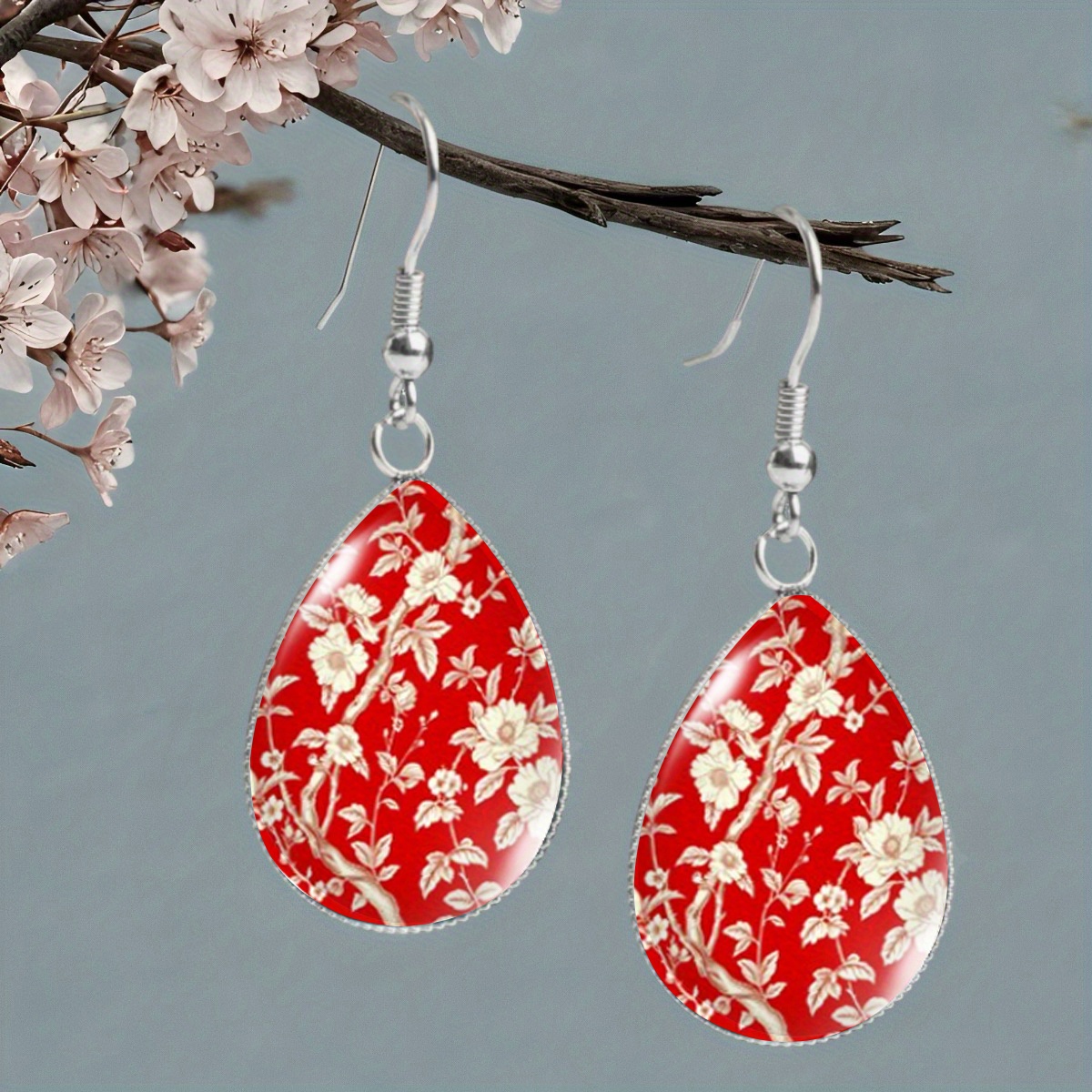 TEMU A Pair Of Earrings With Red Background And White Floral Branches (in Chinese Floral Style), Bohemian Style, Elegant And Fashionable Jewelry For