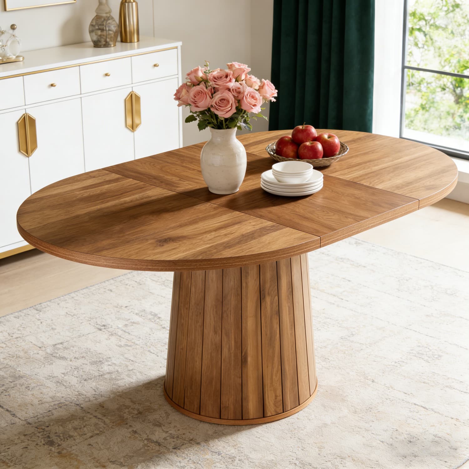 55.11 Inch Farmhouse Wooden Oval Dining Table For 6 People, Rustic Kitchen Table With Solid Wooden Table Top And Cylindrical Base For Dining Room, Brown