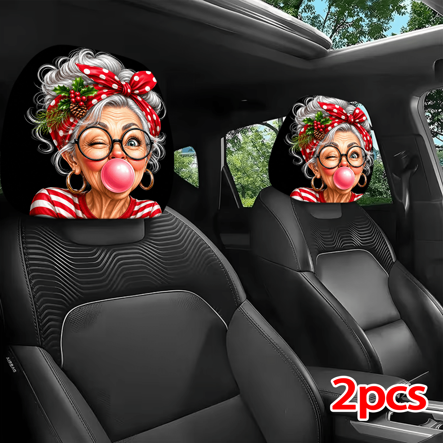 TEMU 2pcs Printed Pattern Car Headrest Covers, Interior Decoration With And Universal Fit Installation, For Interior Additions, Perfect Funny Car