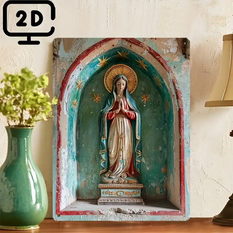 TEMU Letrero Metálico 2D - Un letrero 2D con una imagen religiosa de , diseñado para la decoración del hogar y festiva, que mide 8X12 pulgadas