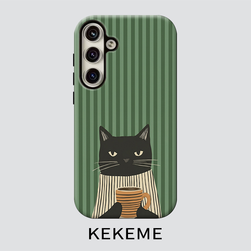 TEMU Phone Case - Kekeme Cute Black Cat Coffee Cup Film 2-in-1 Suitable For Galaxy S26 S25 S24 S23 S22 S21 S21+ S21 Fe Edge S20 A15 A16 A17 A23 A32