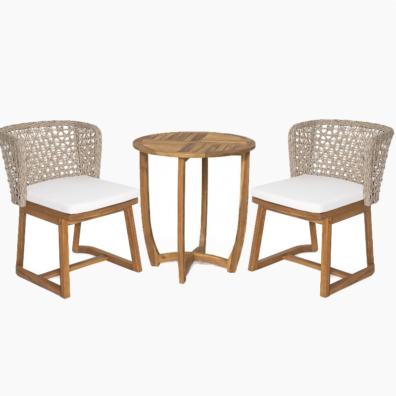 3pcs Outdoor Dining Set, 27.5' Teak End Acacia Round Accent Table And 2 Wicker Back Dining Chairs with Beige Cushion, Weather Resistant for Garden, Backyard, Patio