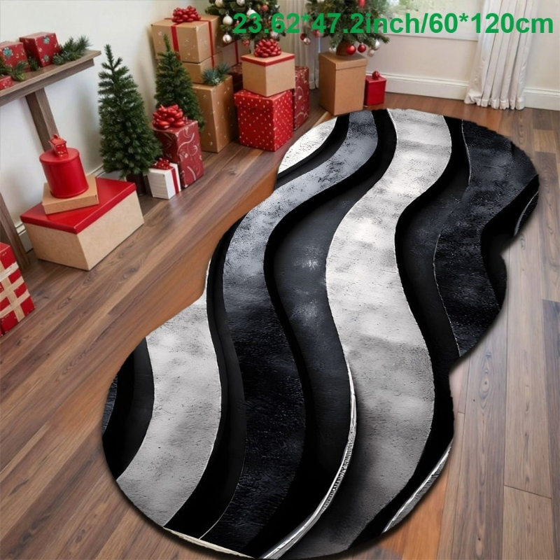 TEMU 1pc Black And White Wavy Texture Pattern Irregular Premium Rug Mat, Home Decor Carpet, Bedroom Decoration, Soft Non-slip Carpet, Bathroom Mat,