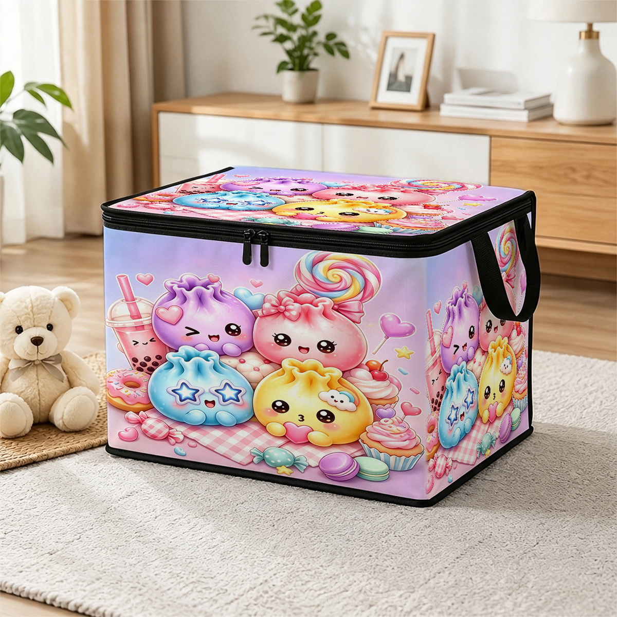 TEMU Macaron Cartoon Bun Dessert Gradient Print Storage Box - Squeezable Storage Container With Zipper Flip Cover, Foldable Box. Suitable For Book