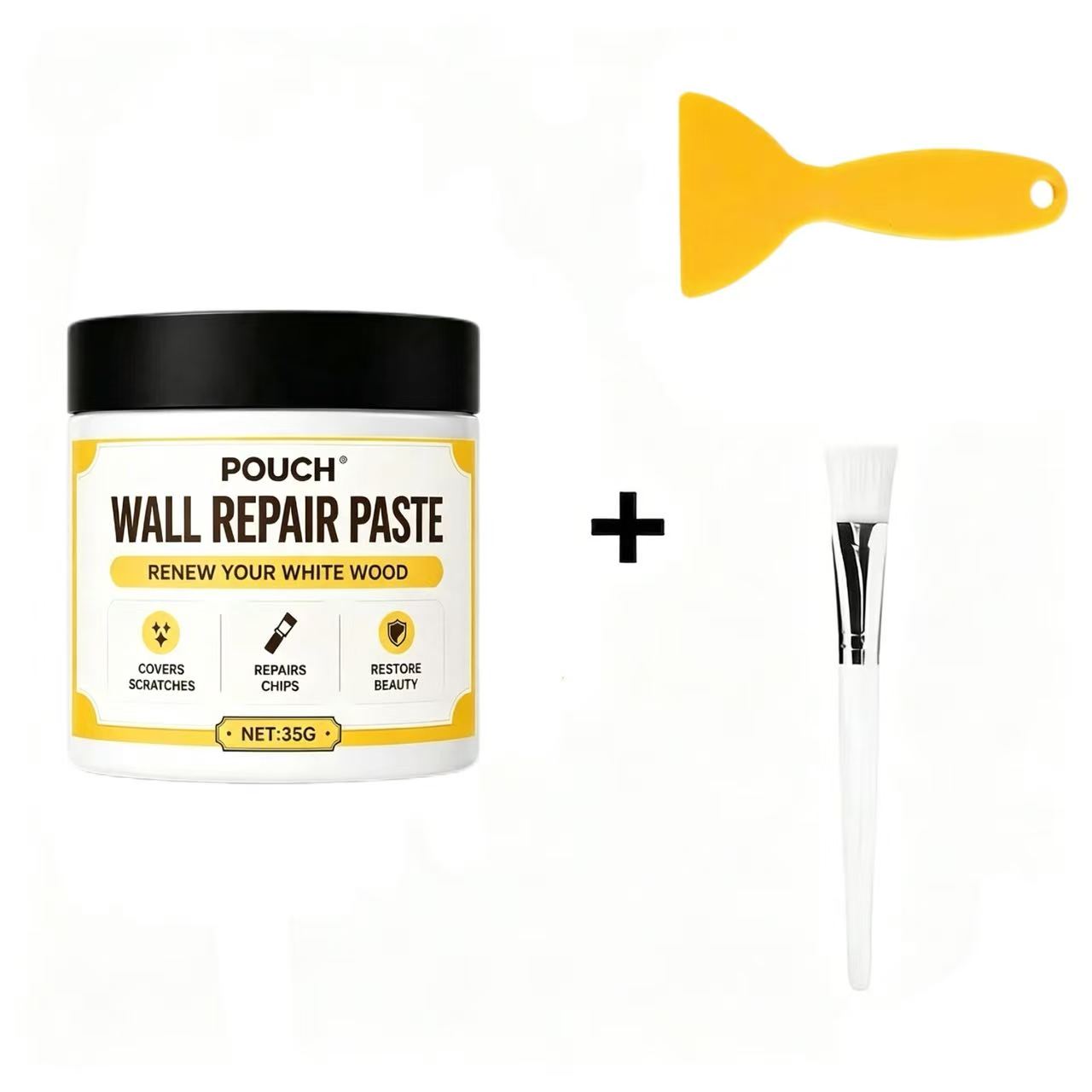 TEMU Pouch 3pcs Set - Includes 1 Bottle Of White Skirting Board Repair Paste, 1 Brush, And 1 Scraper To Quickly Cover Peeling White Skirting Boards,