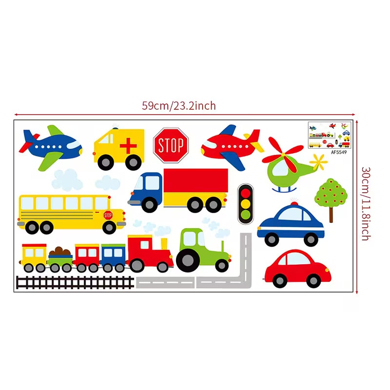 TEMU 1pc Traffic Combination Wall Sticker Set Includes Airplane, Helicopter, Steam Train, Tractor, School Bus, Police Car, Ambulance, Delivery Truck,