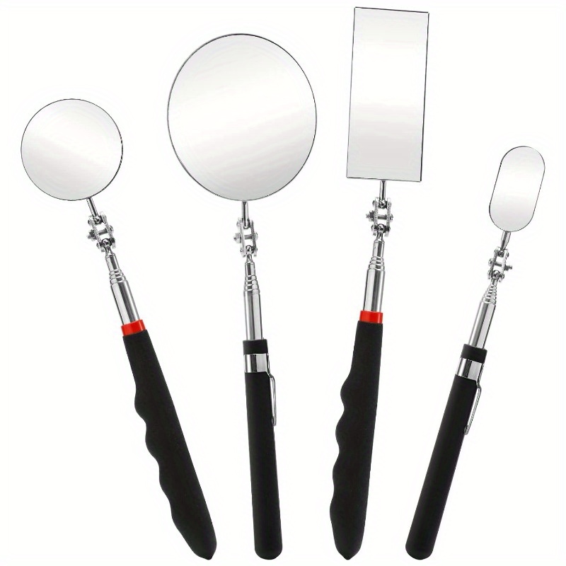 TEMU 4 Pack Folding Extendable Telescopic For Car Maintenance - Black, Extends Up To 25 Inch, Steel & Glass, Underbody Viewing Tool With Red Accent