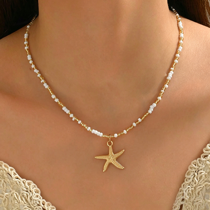 TEMU 1pc Summer Bohemian Style Multicolor Beaded Necklace, Seaside Vacation Golden Artificial Starfish Pendant Multicolor Beaded Necklace, Women's