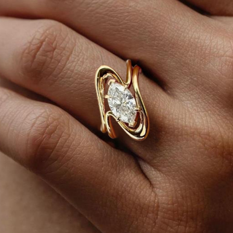 Image of [elegant Twisted Zirconia Ring] Elegant Twisted Marquise Synthetic Cubic Zirconia Ring For Women | 1pc Oval Copper Gold-tone Jewelry, Durable Party & Accessory, Perfect For Graduations & Gifts
