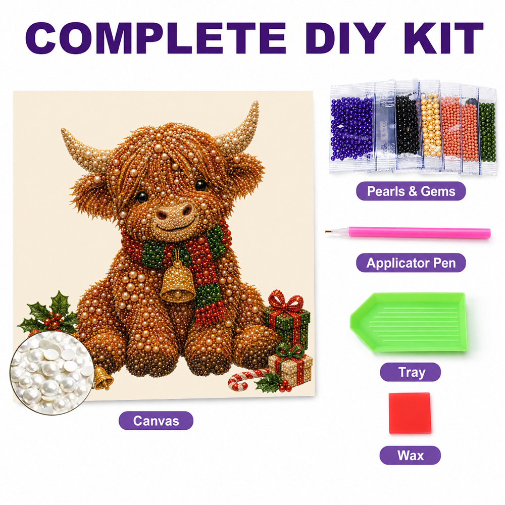TEMU 1pc Frameless Christmas Highland Cow Pearl Bead Diamond Painting Kit, X Inches, 5d Special Shape Gem Art Set, Cute Xmas Scottish Cow With Scarf