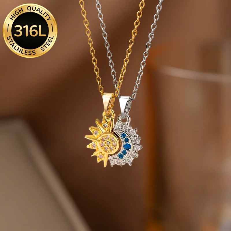 TEMU 2pcs Women' Luxury Vintage 316l Stainless Inlaid Sun And Moon Pendant Necklace Set. Suitable For Daily Wear, Celebrations, Holidays, Wedding