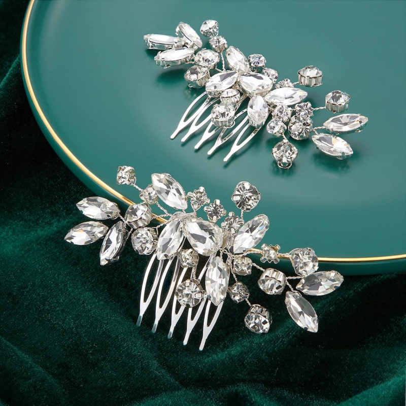 2pcs Silvery Shiny Branch Leaf Decorated Bridal Hair Accessory
