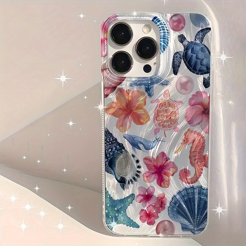 Image of Phone Case - Phone Case: 1pc Ocean Animal Shell Flower Illustration Feather Imd Phone Case Compatible With Iphone 16 16e 15 14 13 12 11 Pro Xr Xs 8 7 Plus Protective Cover