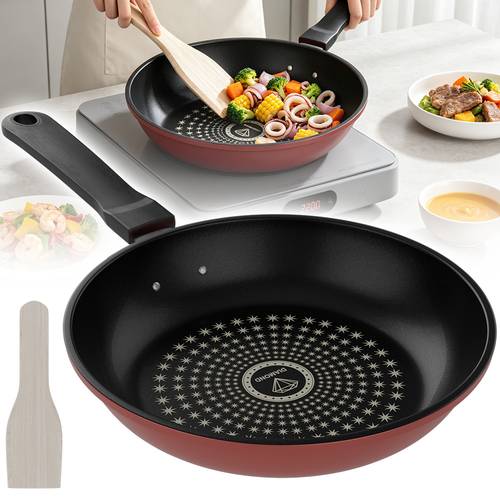 24cm non stick frying pan red non stick cookware set with wooden spatula lightweight kitchen pan for gas electric ceramic hob easy clean scratch resistant student dorms breakfast omelette pancakes and quick meals