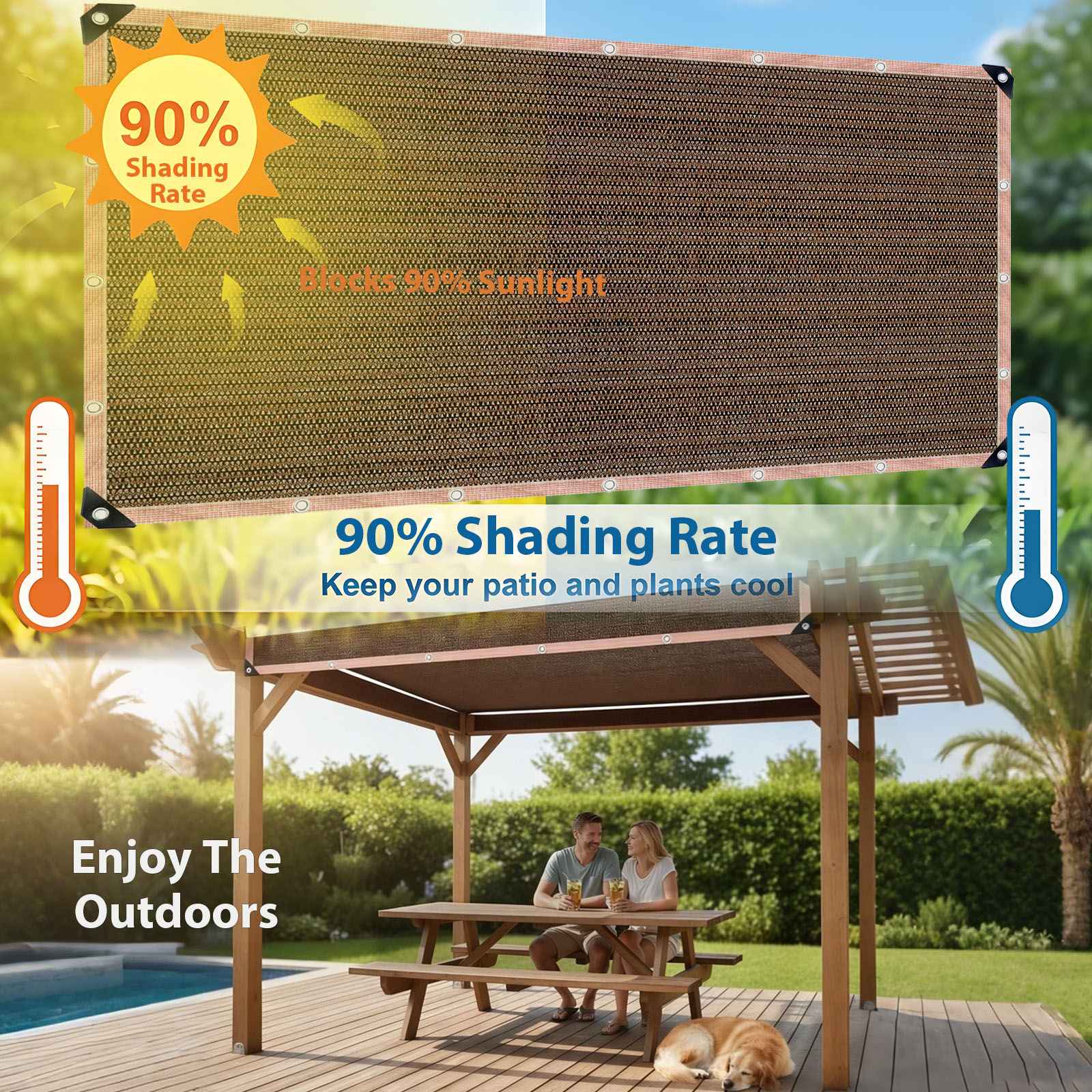Outdoor Shade Net - Brown, Uv-Resistant, Durable Canopy, Suitable for Travel, Picnics, And Pools - Available In Various Sizes.