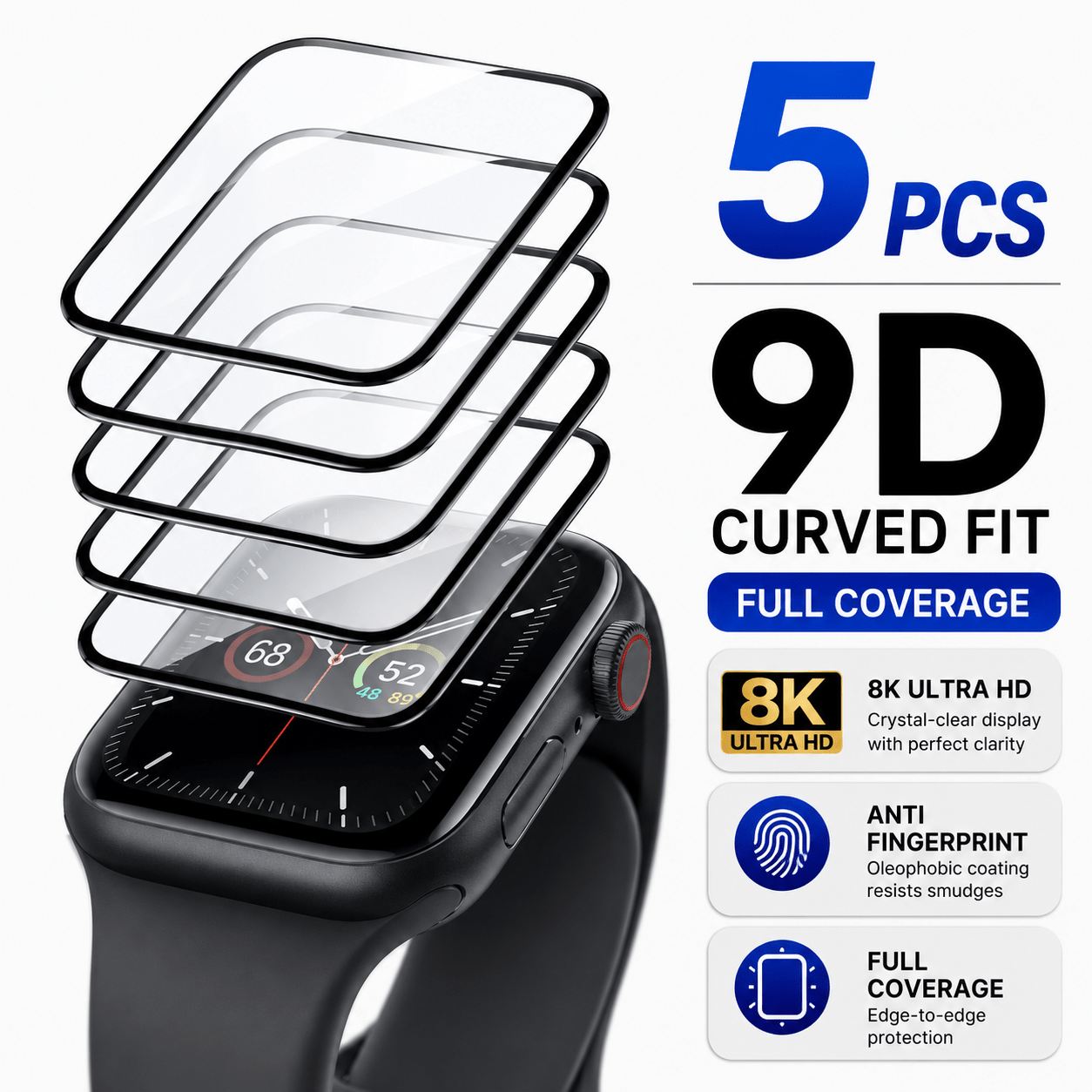 TEMU 5 pezzi Proteggi con Bordo per Apple Watch -11 1/2/3, Compatibile con 38/40/41/42/44/45/46/49 mm, Vetro Temperato 9D a , Display 8K , Anti-Olio,