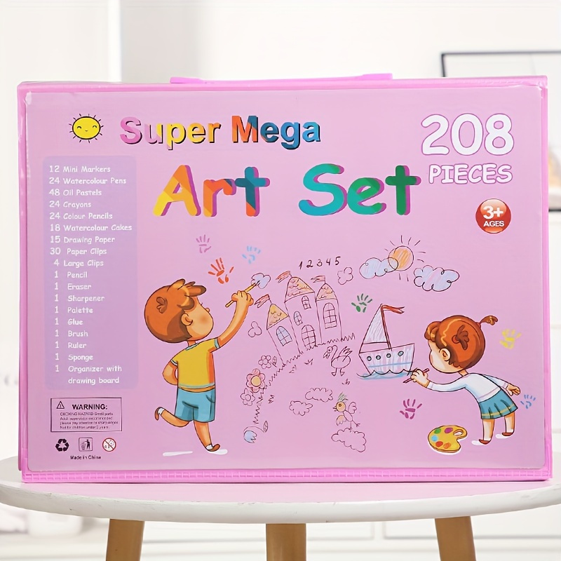 TEMU 208pcs Deluxe Kids Art Set With Easel - Watercolor Pens, Crayons, Colored Markers, And Paints - Durable Plastic Material - Creative Drawing And