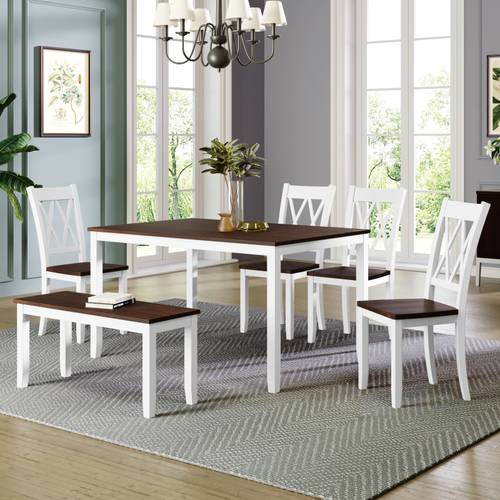 6pcs wooden kitchen table set farmhouse rustic dining table set with cross back 4 chairs and bench