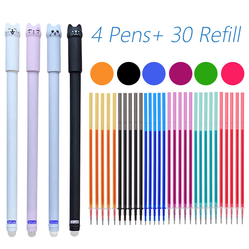 TEMU Erasable Gel Pen Kitten Design 4pcs Set, 30 Refills (5 For Each Of Black, Blue, Red, Green, Orange And Purple), Fine And Smooth Tip, Easy To