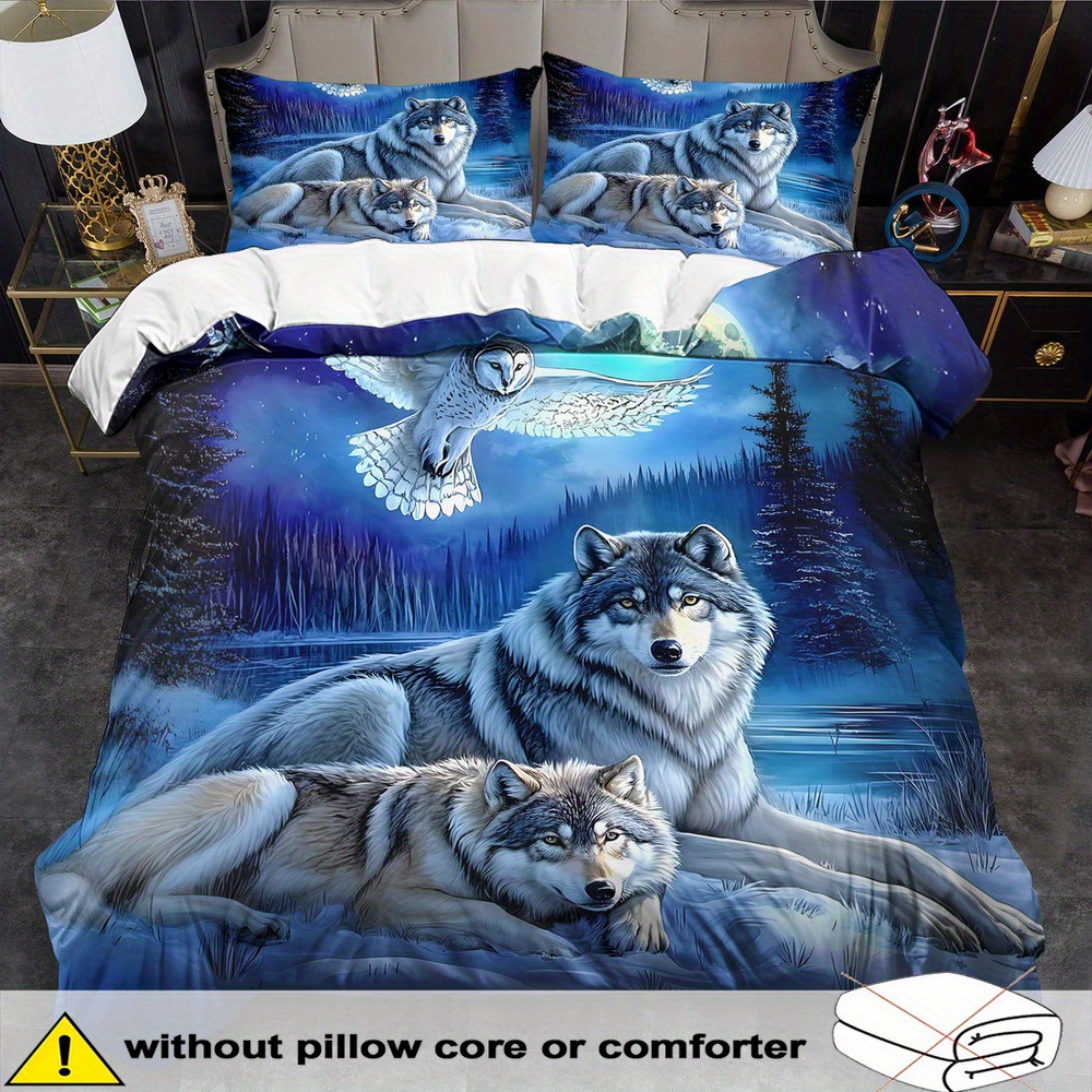 TEMU Open Fantasy Animal Theme Down Comforter Cover Set - 2/3pcs, Soft Comfortable And Breathable, Wolf Pattern Printed Bedding, Forest Animal Print