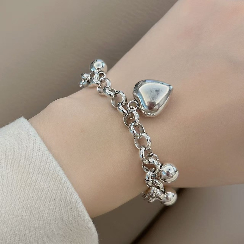 TEMU S925 Silver Bracelet, With Heart-shaped And Round Bead Elements Exuding An Elegant And Fashionable Texture, Its It A Versatile For Fashion And