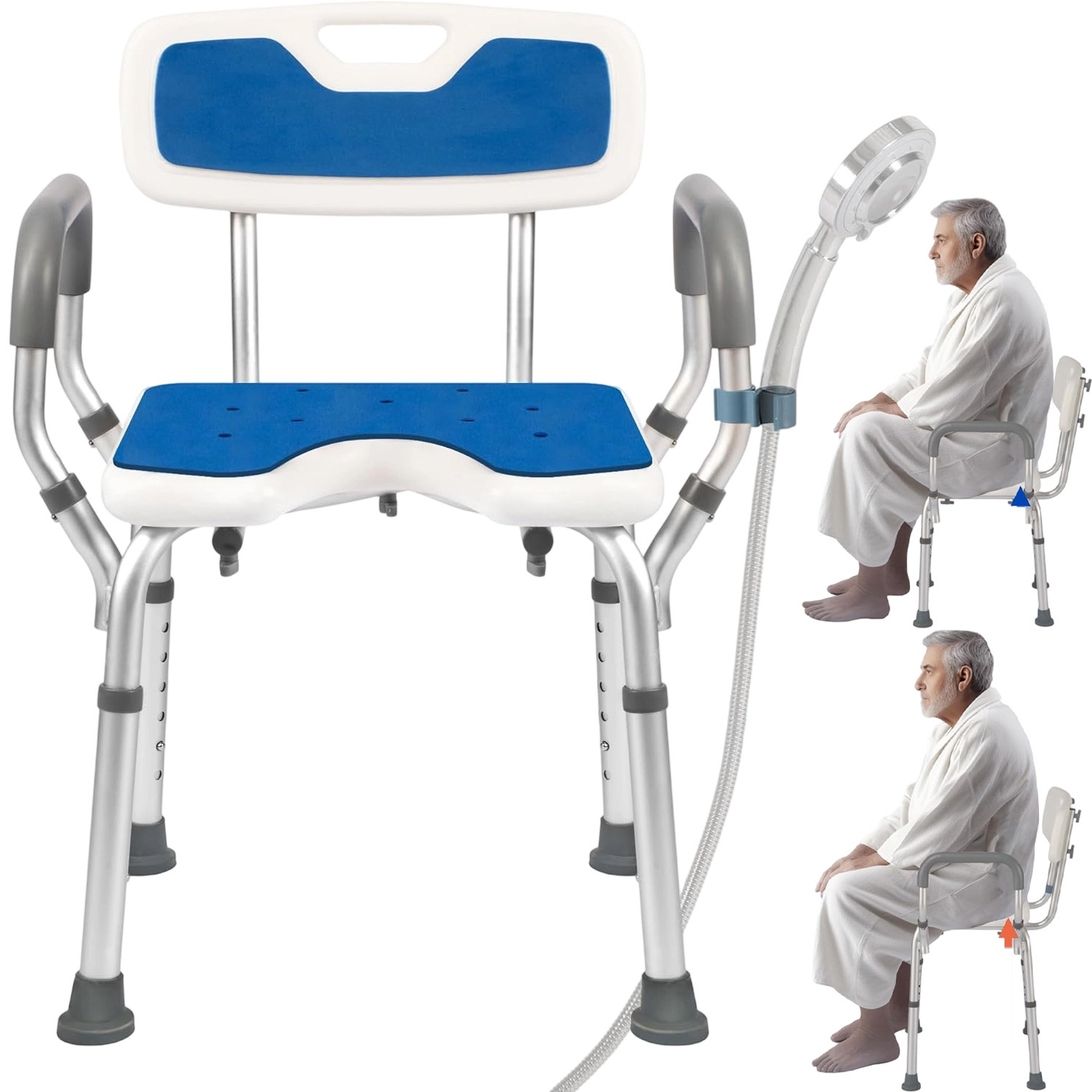 150kg Heavy Duty Shower Chair | Height Adjustable Bath Stool With Armrests, Backrest & Shower Bracket, Metal Material By Anikers