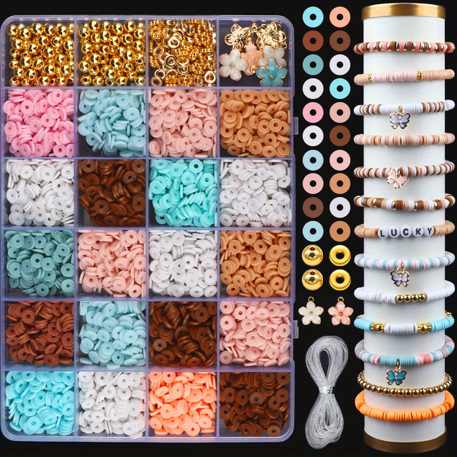 TEMU 2400 perles en 24 couleurs Kit de fabrication de bracelets Perles Heishi pour création de bijoux Perles rondes avec lettres et breloques Fils
