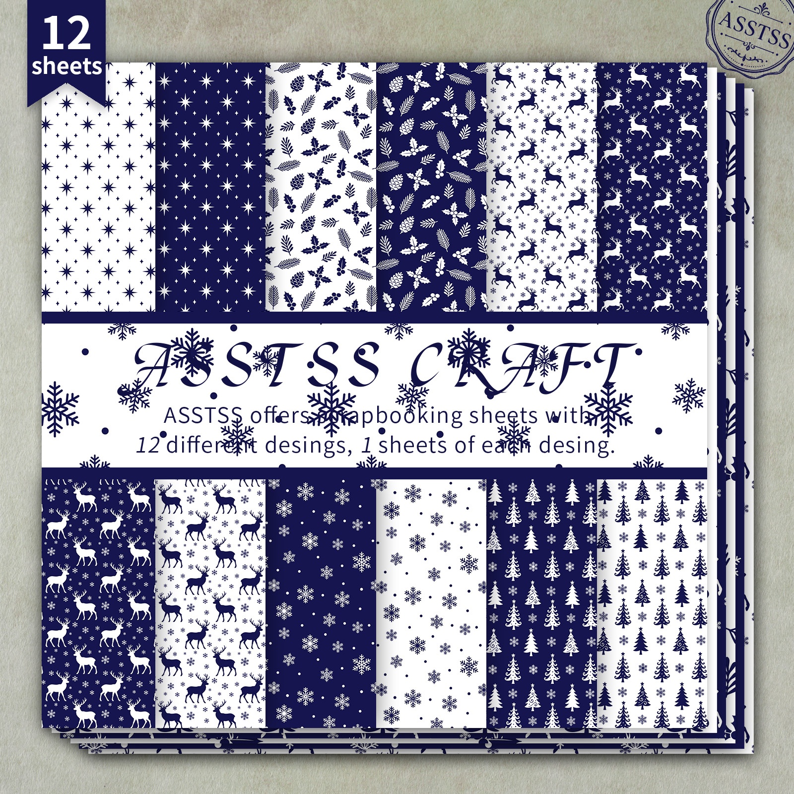 TEMU 12-sheet Asstss 6x6 Inch Scrapbooking Paper Pad, Christmas Navy Reindeer Snowflake Style Backing Paper Supplies, Heavyweight Cardstock For