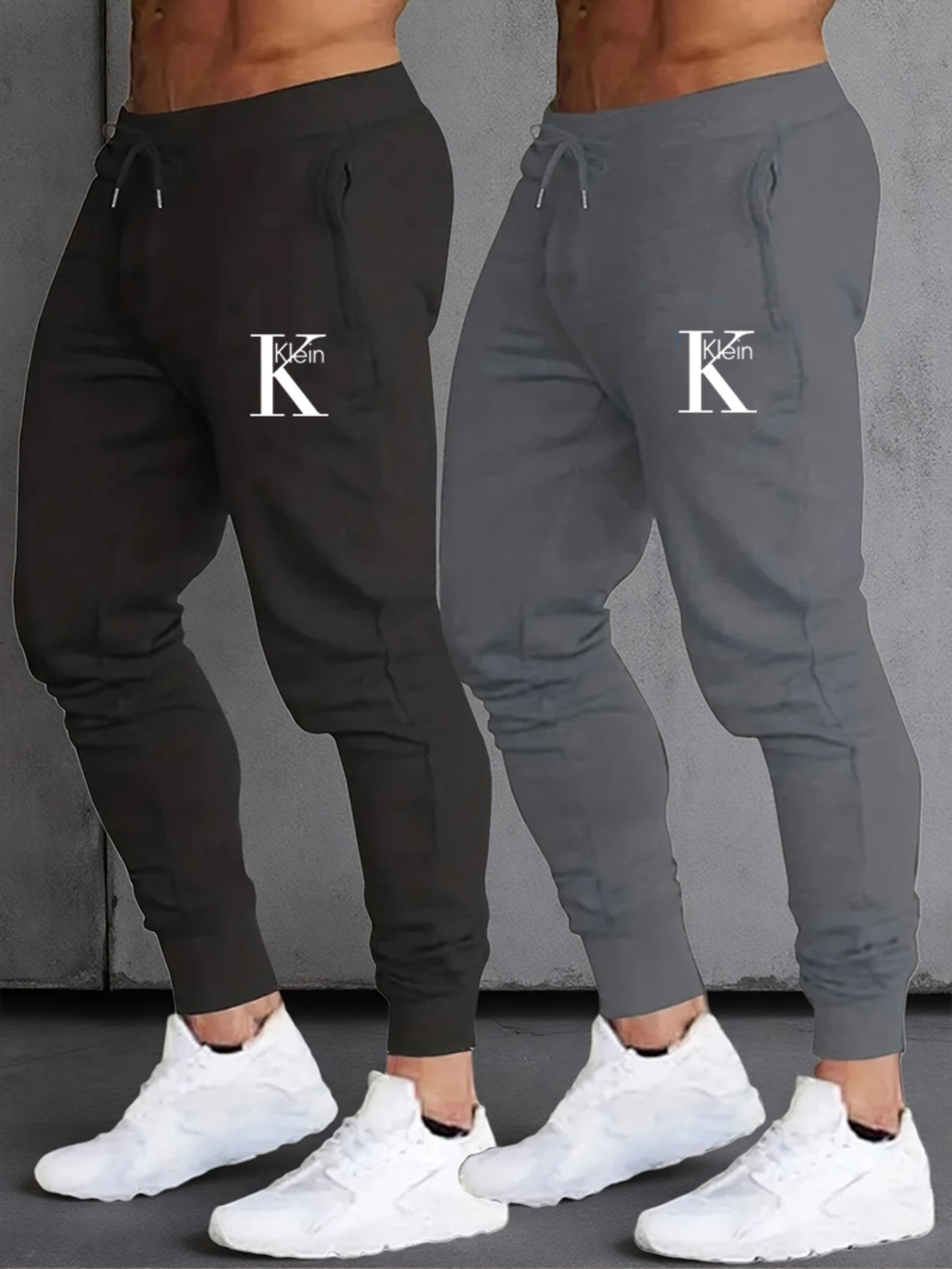 Men's Casual Joggers with Letter klein Print, Two-Pack, 100% Polyester Knit Fabric Elastic Waistband Loose Fit Drawstring + Cuffed Legs, Trendy Sports Pants for All Seasons, Workout Pants, Everyday Pants, Streetwear Fashion, Jogger Style, Lightweight Pants, Breathable Fabric, Printed Joggers, Twopack Pants, Men's Fashion, Urban Style