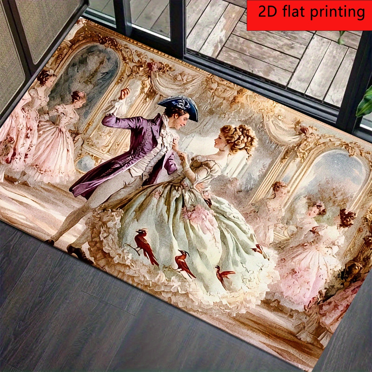 TEMU 1pc Luxury Vintage Ball Floor Mat Suitable For Entryway, - Elegant Single-sided Print With Ballroom Scene, Machine Washable Soft Suitable For