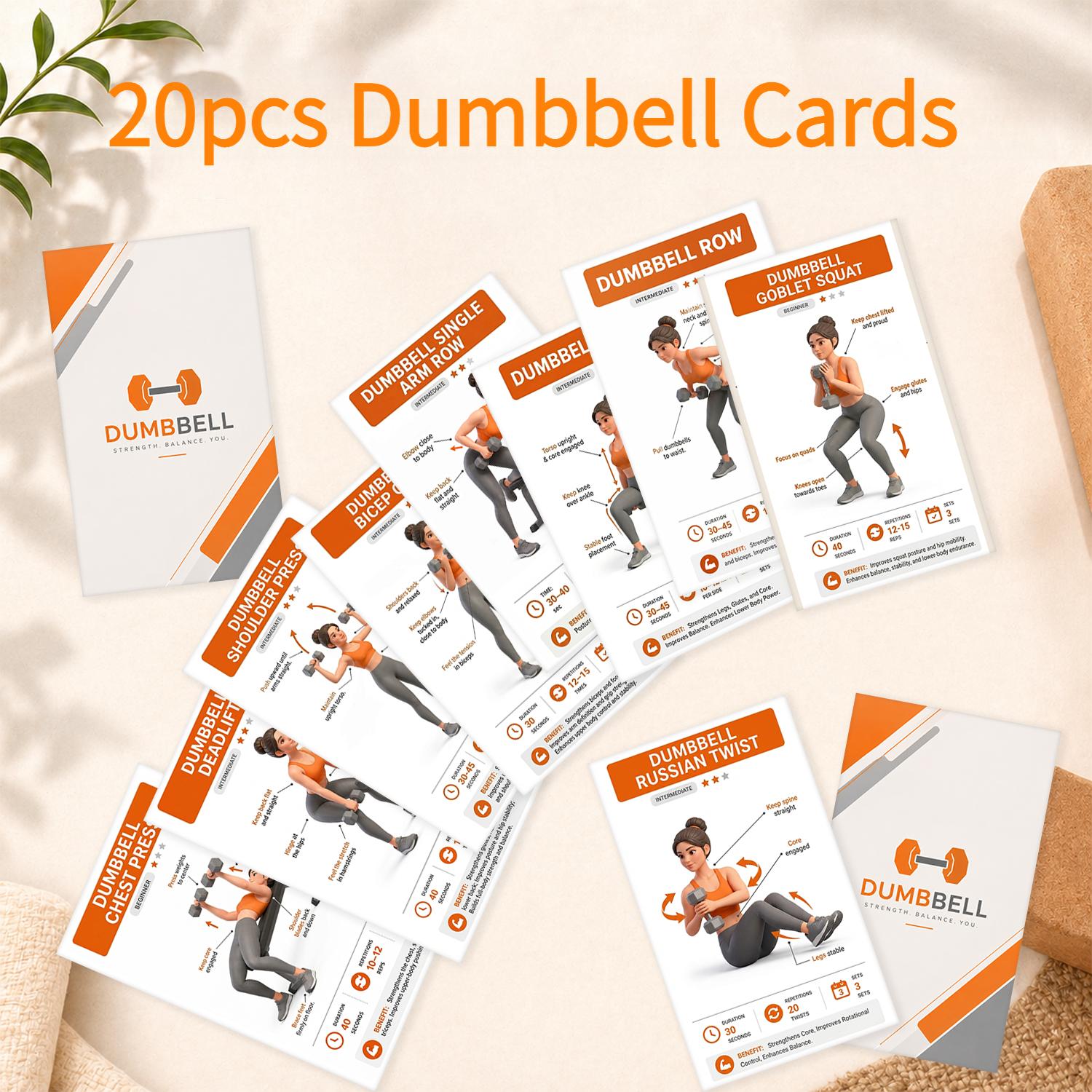 20pcs Dumbbell Workout Cards For Home Fitness - Full Guide For , Shoulders, Chest, Back & Legs | Lightweight & Durable Daily Training Deck