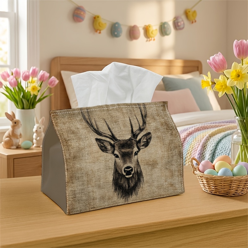 TEMU 1 stuk, 2D platte bedrukking, tissuebox rustieke wilde dieren tissuehouder, met een hertenkopontwerp, geschikt voor thuis, feestjes en