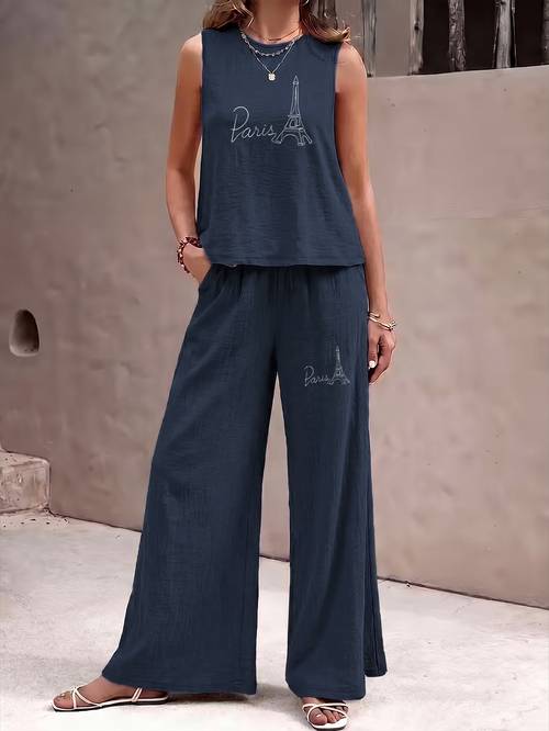 item picture womens sleeveless top and wide leg pants casual set a summer casual set featuring a shoulder short sleeve top and wide leg pants suitable for lounging at home daily wear and vacations offering a relaxed
