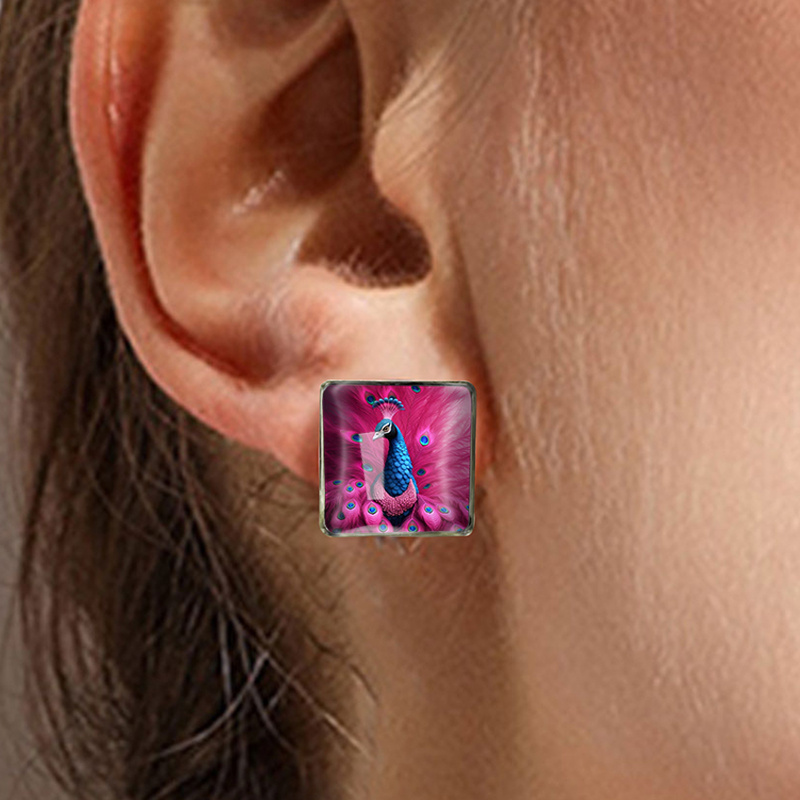 2Pairs Peacock Pattern Square Stud Earrings, Fashion Glass Cabochon