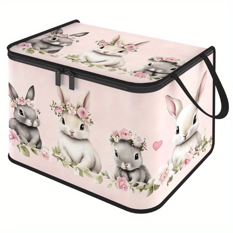 TEMU Boîte de rangement pliable à fermeture éclair, 1 pièce, avec motif de couronne de lapins, pour les fournitures de fêtes, les vêtements, les