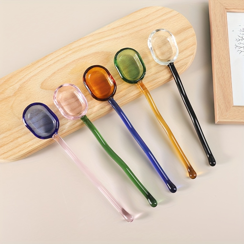 TEMU Ensemble de 5 cuillères à dessert en verre coloré créatif, haute valeur esthétique, cuillères à café et à lait transparentes résistantes à la