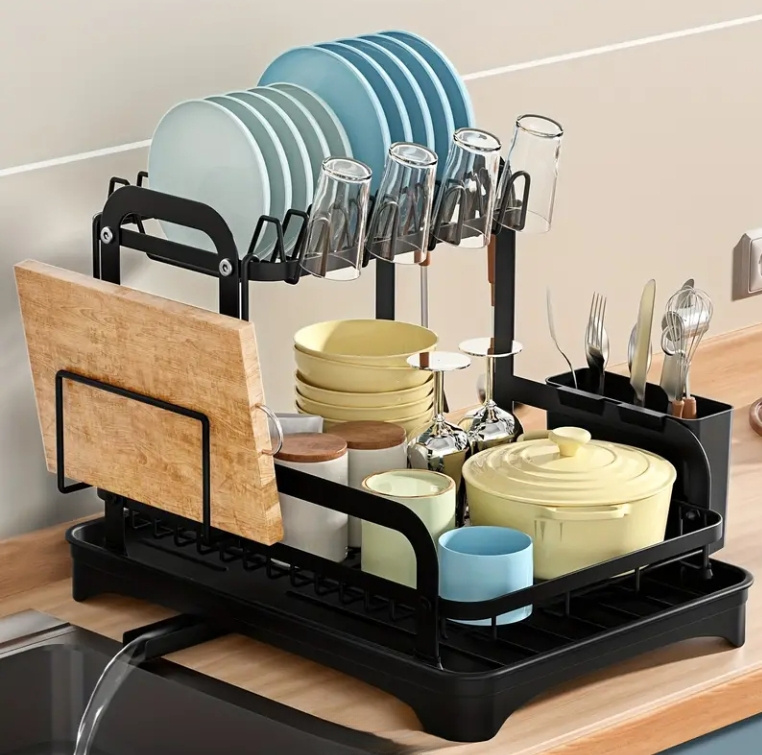   rack above the kitchen sink a larger two tier dish drying rack set with a draining board a countertop drying rack double layer large capacity   with a draining board featuring   drainer with a double layer dish rack cup holder cutting board and kitchen accessories details 0