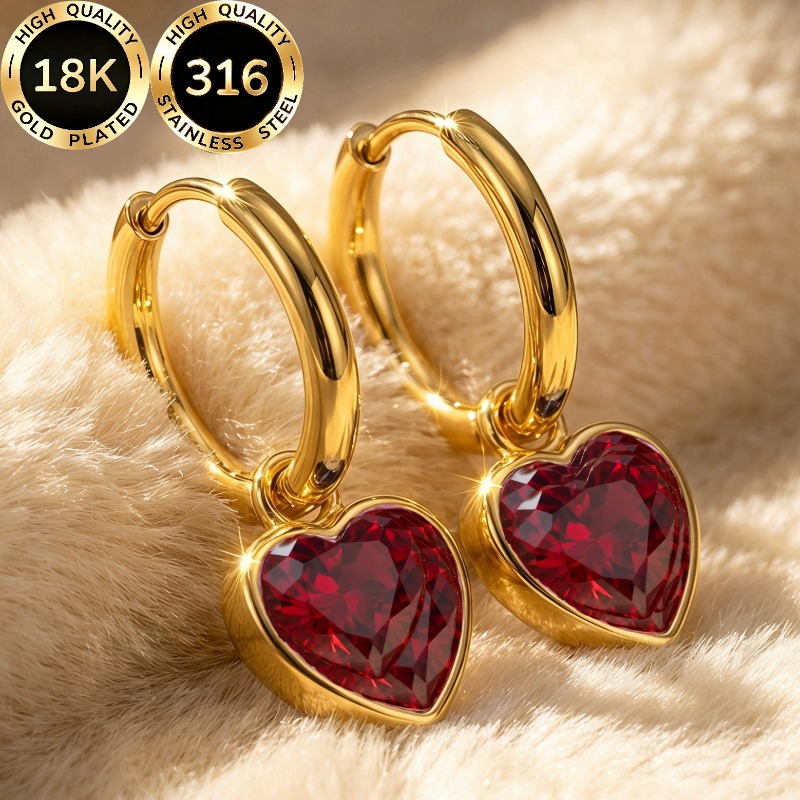 TEMU A Pair Of High-quality Steel 18k Gold-plated Hypoallergenic Earrings With A Sweet And Luxurious Heart-shaped Design Featuring Sparkling Red