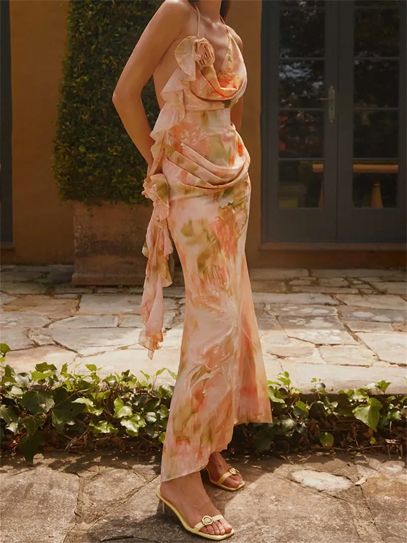 halter neck open back floral bodycon dress Floral Halter Neck Backless Lace-Up Maxi Dress | Sleeveless Bodycon Vacation Dress