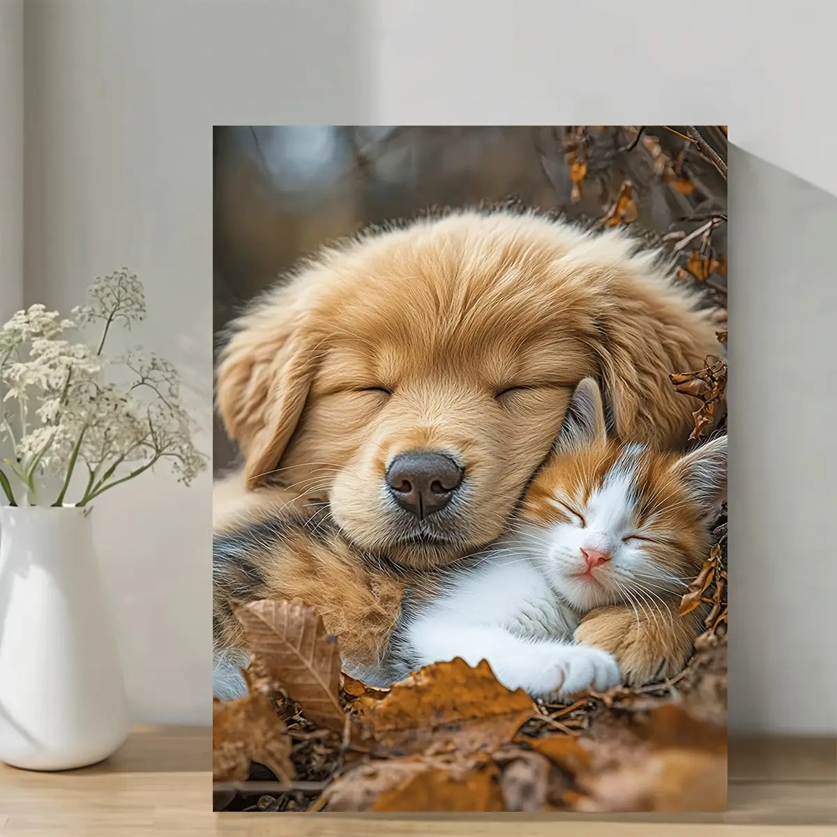 TEMU 2d Flat, 2d Flat, Wall Art For Relaxation Featuring A Cute Puppy And Kitten Embracing, Framed Canvas Measuring 29.97x39.88 Cm, Ideal Cartoon