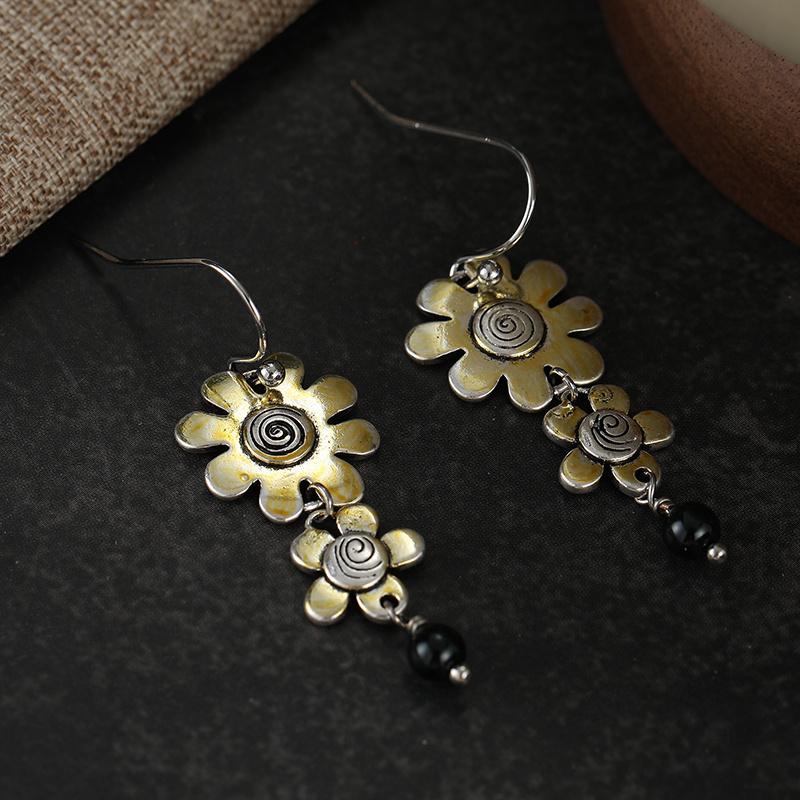 Women's Vintage Two Tone Spiral Pattern Double Flower Dangle Earrings