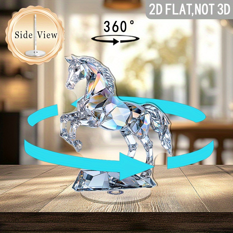 TEMU 2d Flat - 2d Plane, A Dynamic Crystal Horse Sculpture - A 2d Plane Rotating Acrylic Tabletop Decoration, Featuring An Inlaid Base, Internal And