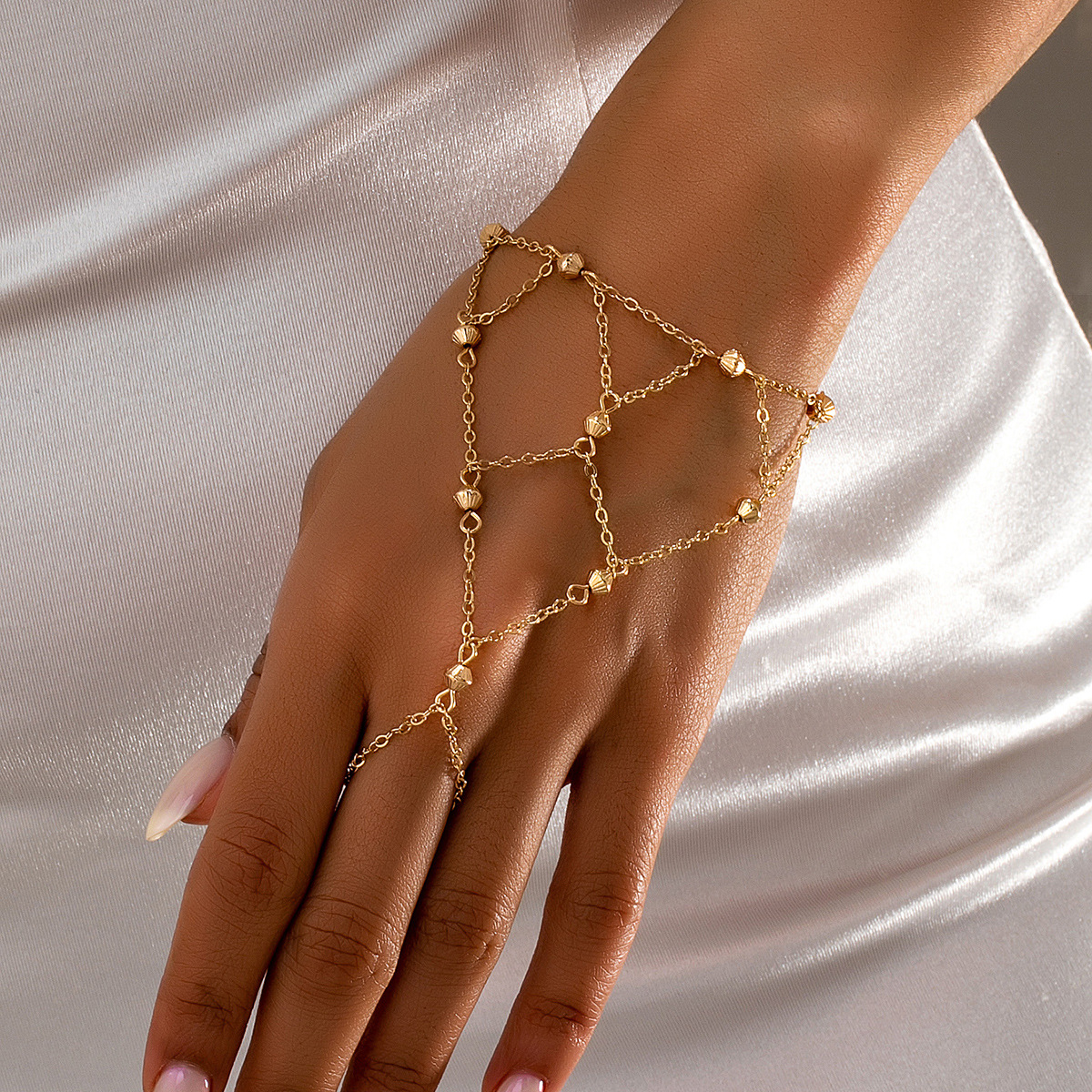 1pc womens bohemian vintage golden color mesh multilayer chain adjustable finger bracelet for daily vacation party wear