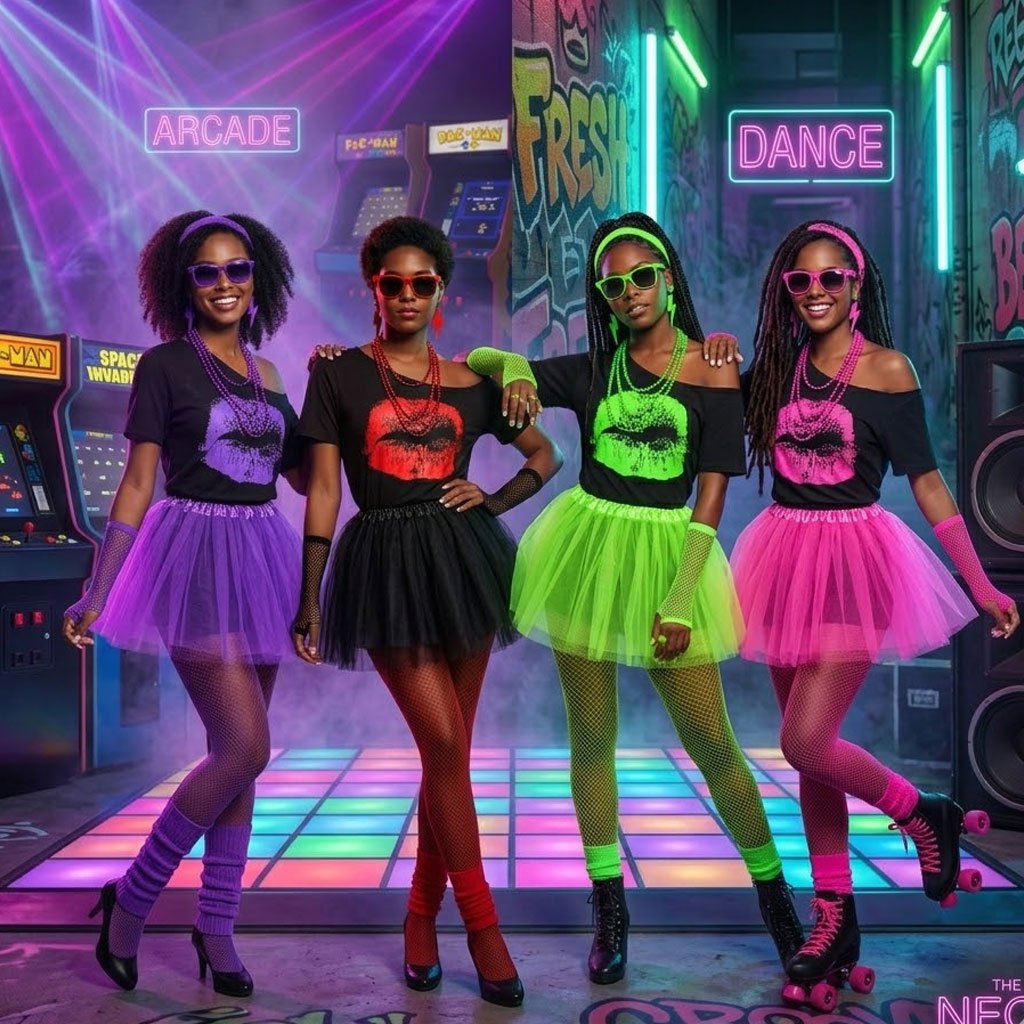 Retro 80S 90S Neon Women'S Outfit Women'S Theme Party Tulle Skirt T-Shirt  Headband Earrings Waist Pack Full Set Rave Ball Gown Performance Costume