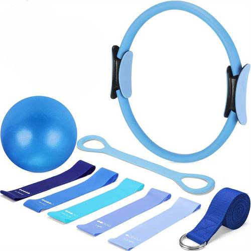 a home workout kit featuring of bands including essential pilates equipment like a pilates ring mini exercise ball yoga strap and bands