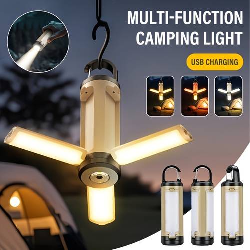 item picture one piece of usb rechargeable tent lamp a portable light for camping a foldable lantern with a hook suitable for outdoor hanging work emergency lighting featuring a battery level display and a high brightness handheld floodlight ideal for