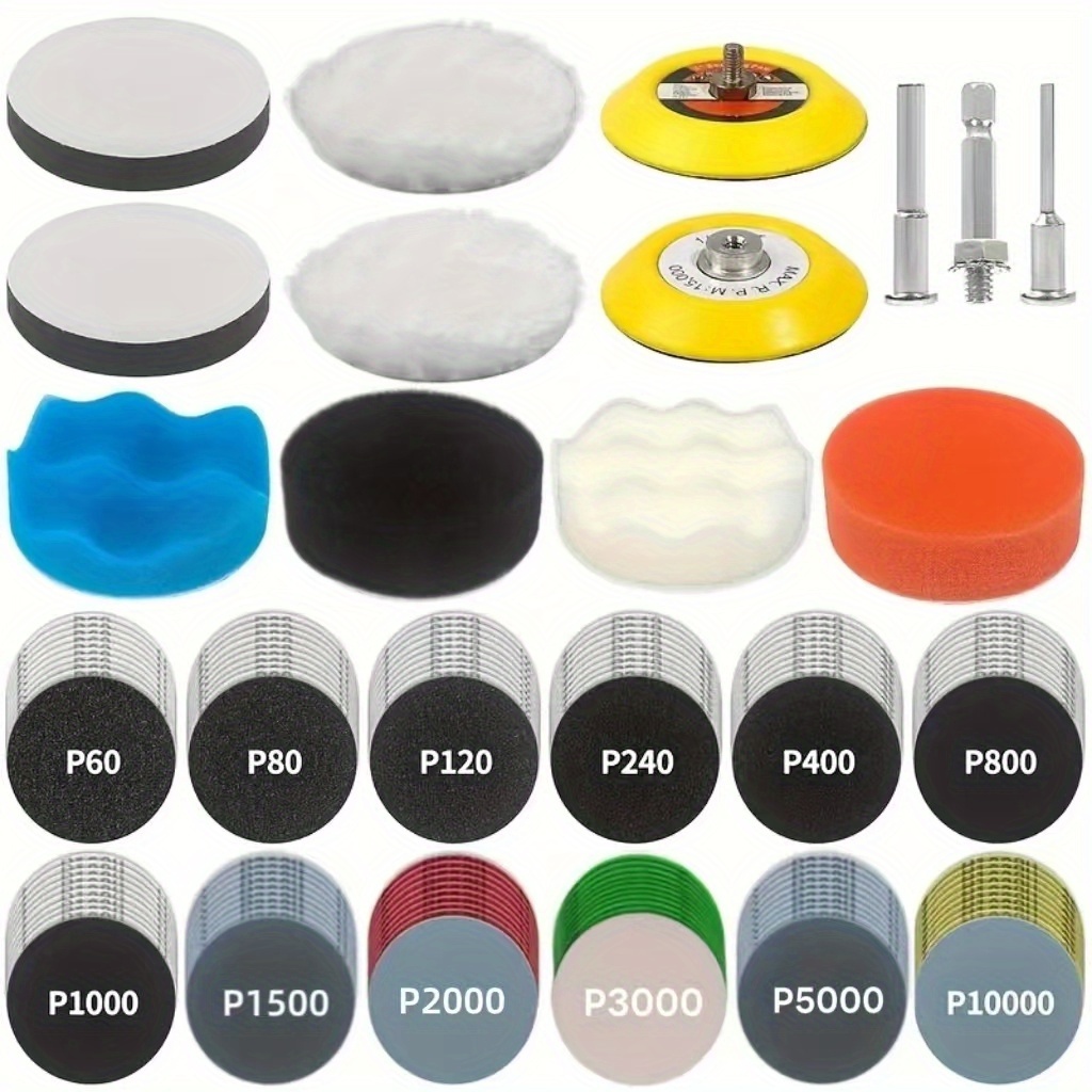 E-shop 133-teiliges Polier- Schleifwerkzeug-Set, 3-Zoll Nass-/Scheinwerfer-Restaurierungsset, inklusive Wasserschleifpapier, Latexpapier, Klettband,